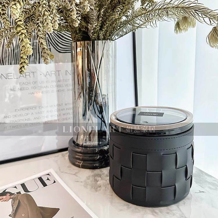 如是迷你车载垃圾桶纸巾盒手工编织马鞍皮私宅桌面地毯收纳双层桶