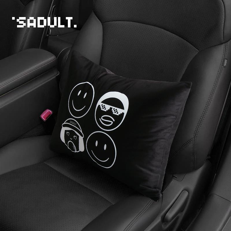 黑色笑脸潮牌汽车腰枕护腰腰靠靠背靠垫车载座椅方形抱枕靠枕四季