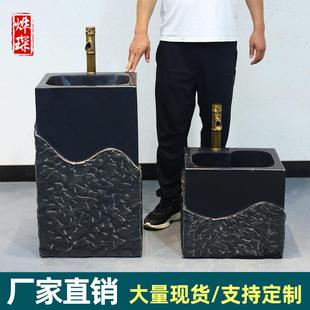 石材洗手盆户外一体家用别墅石头洗脸盆庭院复古立柱盆圆形洗手池