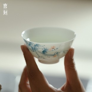 品茗杯功夫茶具 白瓷手工主人杯釉下彩手绘青花茶杯家用日式