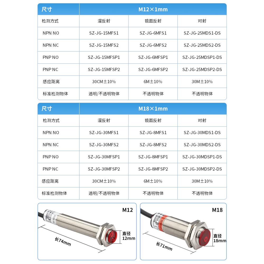 M12M18激光镜面反射对射式漫反射光电开关传感器三线直流感应开关