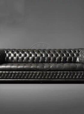 美式真皮沙发直排头层牛皮墨绿色别墅小户型覆古油蜡客厅皮艺沙发