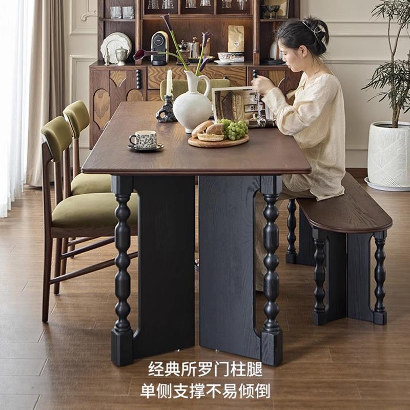 法式餐桌椅组合实木复古家用方桌多功能书桌工作台餐厅中古茶桌子