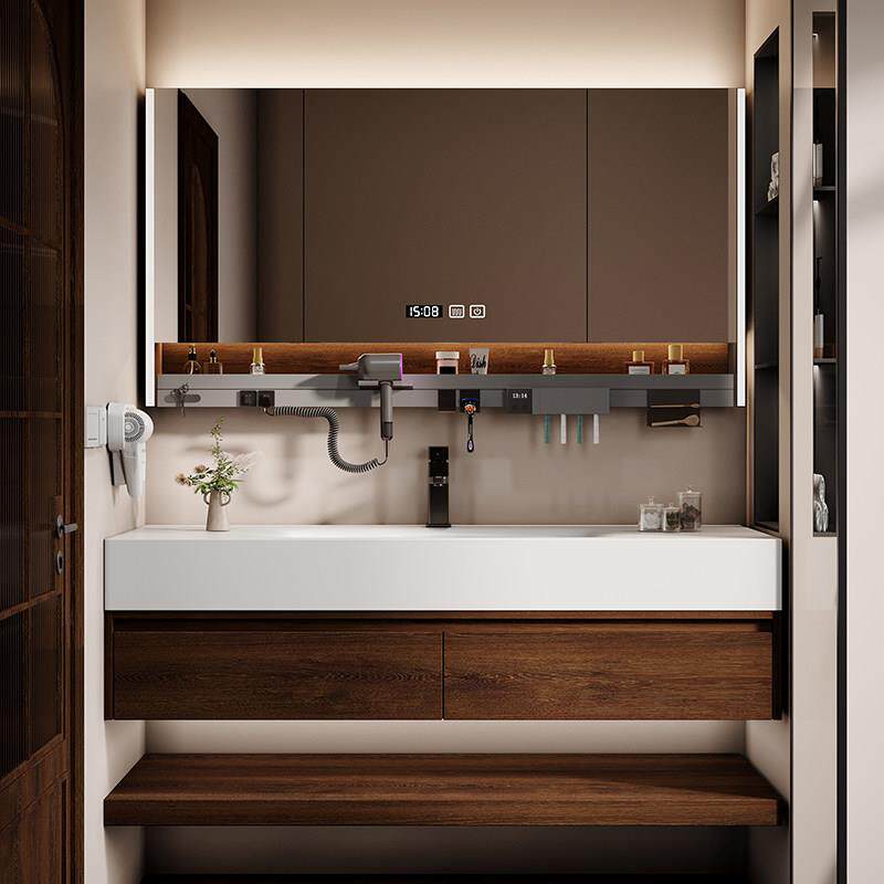 柏丽山岩板ENF热弯一体盆中古风浴室柜组合洗漱台洗手洗脸盆定制