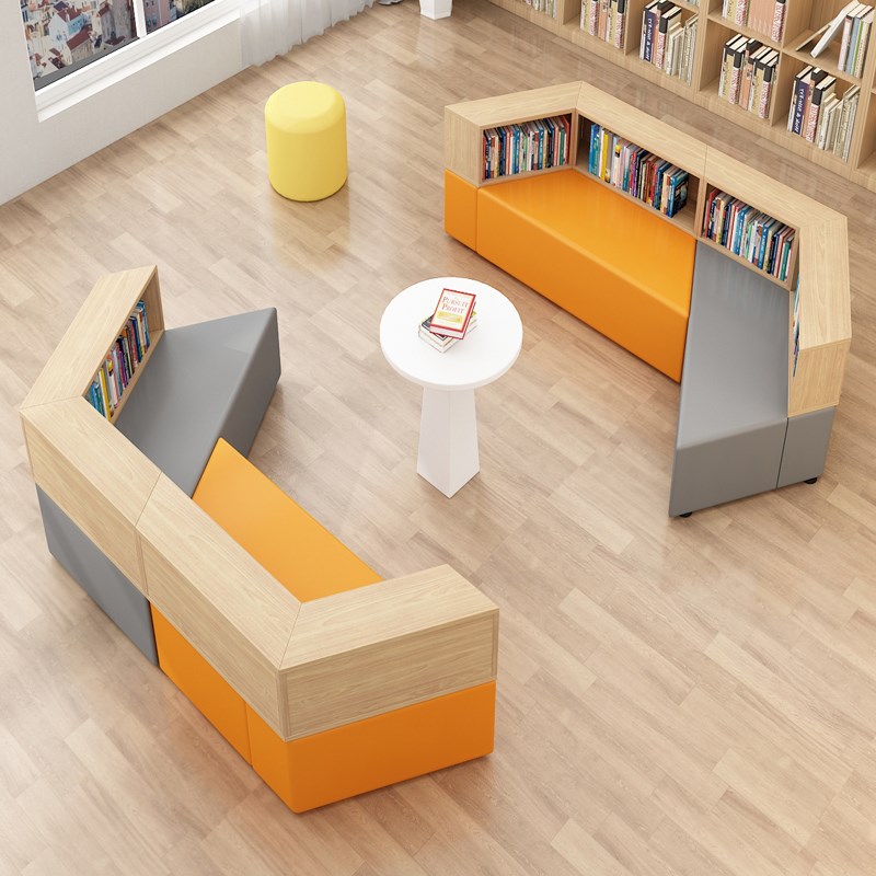 学校医院社区图书馆阅览室休息区异形书柜一体创意软包沙发凳组合