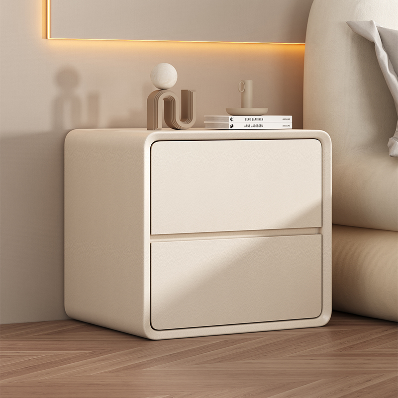 全实木床头柜简约现代小柜子家用卧室小型皮质床边柜奶油风收纳柜