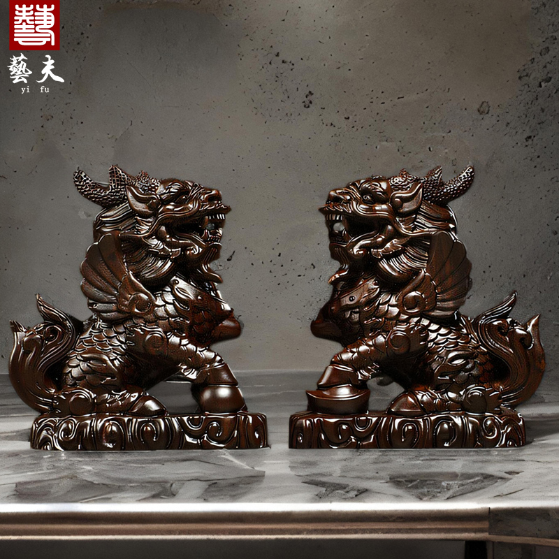 黑檀木雕瑞兽麒麟一对摆件实木质家居客厅电视柜玄关装饰工艺礼品