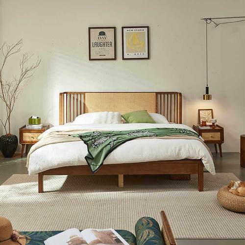 复古风实木藤编双人床侘寂风白蜡木1.8米大床民宿酒店卧室藤家具