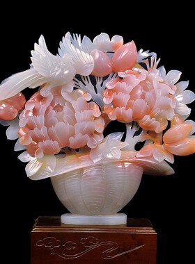 玉石摆件牡丹花富贵平安新房家居客厅玄关桌装饰摆设Y中式乔迁礼