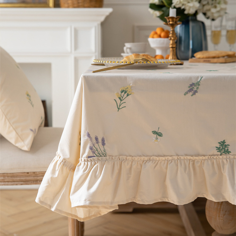 素雅杏色花草绣花桌布裙摆边褶皱荷叶木L耳边茶几台布装饰餐桌布