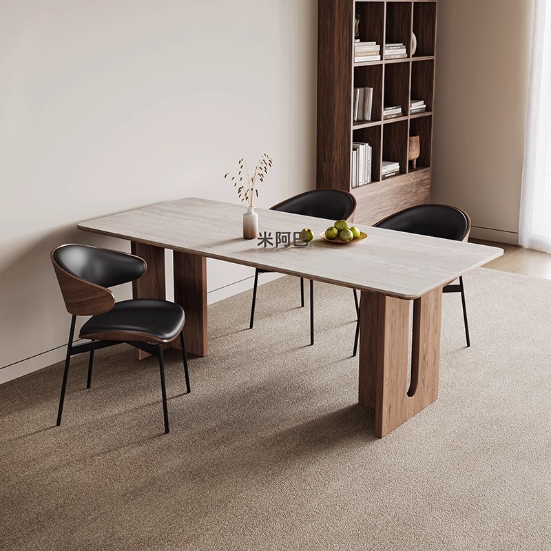 德利丰岩板洞石法式餐桌家用w小户型轻奢奶油半圆长方形实木餐桌