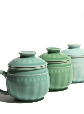 陶瓷泡茶杯茶水分离过滤带盖茶杯龙泉青瓷中式办公水杯莲花同心杯