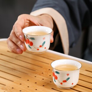 描金羊脂玉甜白瓷茶杯家用白瓷功夫品茗杯手绘主人杯单杯个人礼品