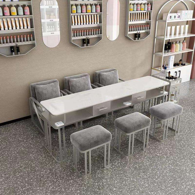 轻奢美甲桌椅套装现代网红单双人三人修甲台大理石吸尘器美甲桌