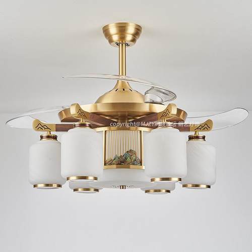 【千里江山】新中式风扇吊灯全铜智能黑胡桃木隐形吊扇灯家用一体