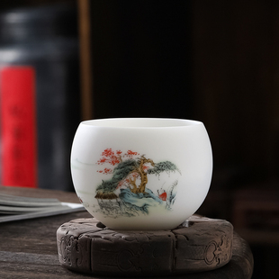 家用茶碗建盏品茗杯 羊脂玉素烧茶杯主人杯个人杯陶瓷功夫茶具套装