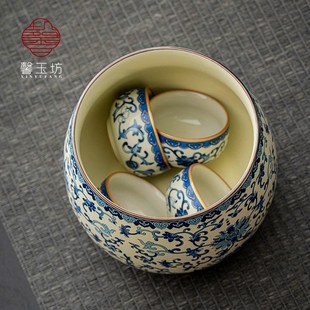 米黄汝窑青花茶洗大号废茶渣缸办公家用收纳茶杯茶盆杯洗水盂 中式