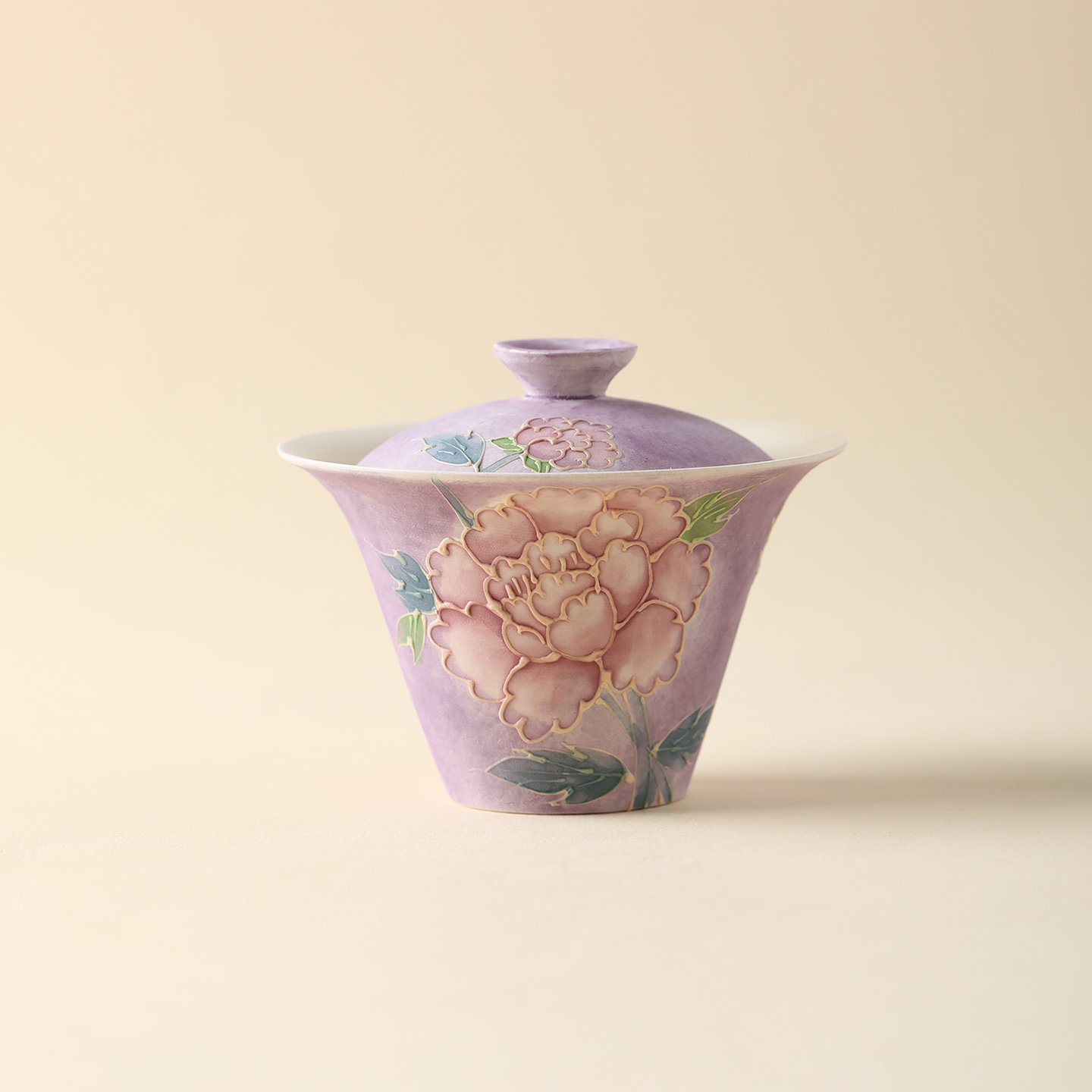 宏逐堆料手绘牡丹盖碗茶杯