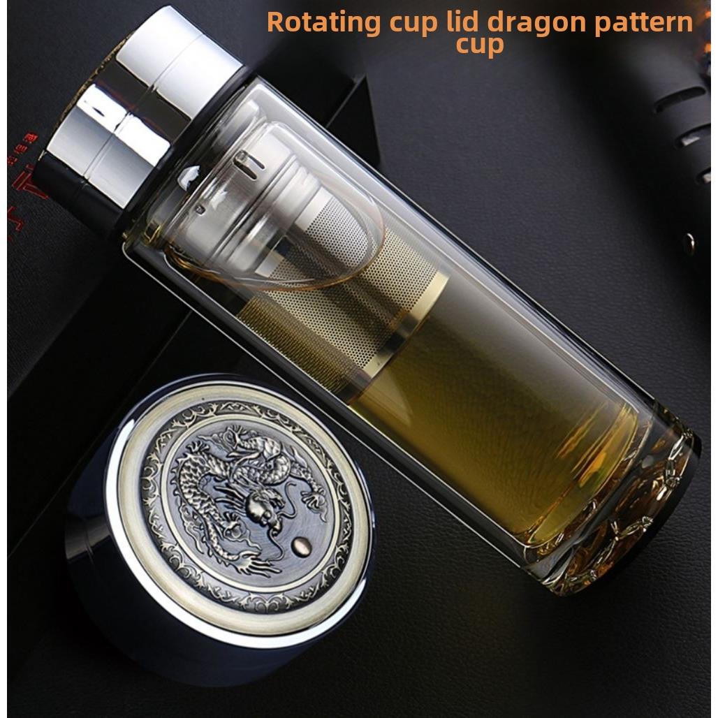 新龙纹男士水杯双层加厚玻璃旋转杯盖覆古隔热杯2022男士茶杯