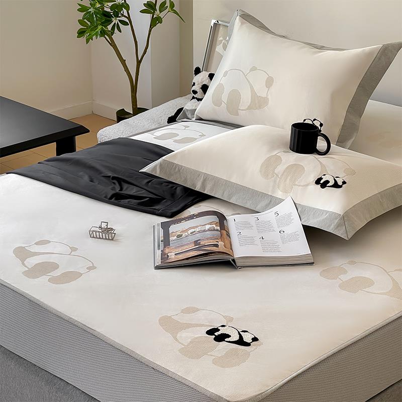 熊猫睡睡~A类卡通冰丝凉席三件套可爱毛巾绣提花床笠款空调软席子