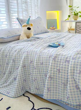 ins风浅蓝格蝴蝶结凉感丝夏凉被夏季双人空调被床盖款夏被四件套