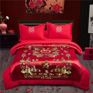 大红色婚庆结婚被子喜被双人冬被春秋棉被芯女方陪嫁龙凤百子绸缎