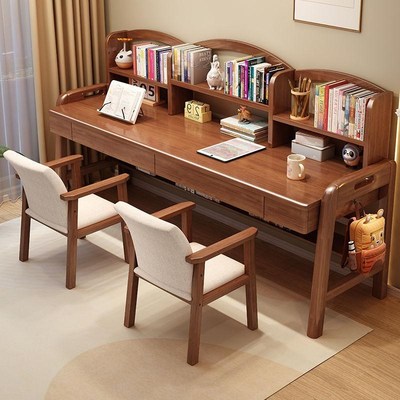 儿童书桌书架组合一体实木双人学习桌家用卧室中小学生写字桌椅子