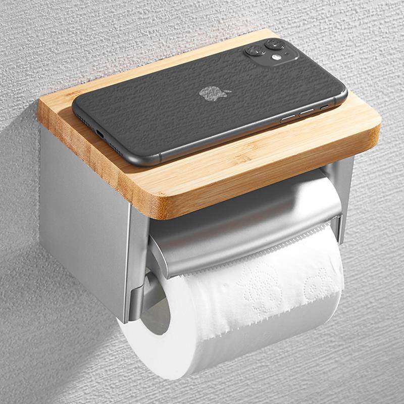 欣华益304不锈钢纸巾盒卷纸器卫生间免打孔楠竹实木厕纸架防水置