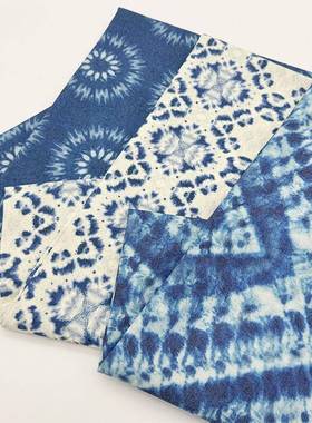 扎染靛蓝色印花布民族风加密棉麻布料diy装饰布头桌布面料门帘布