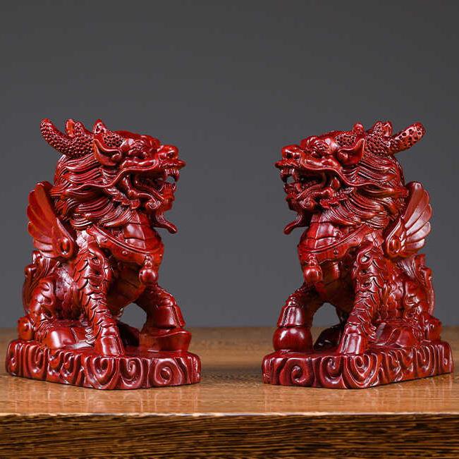 红花梨木雕招财麒麟摆件实木客厅办公室桌面镇宅乔迁开 业礼品