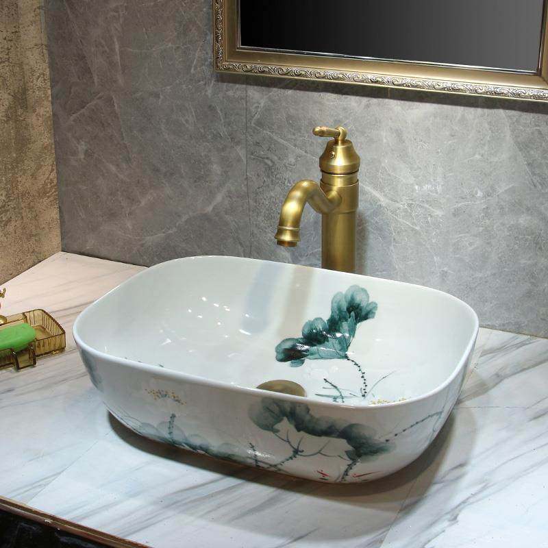 陶瓷手绘荷花洗手盆小号家用卫生间台上盆复古中式洗脸盆阳台水池