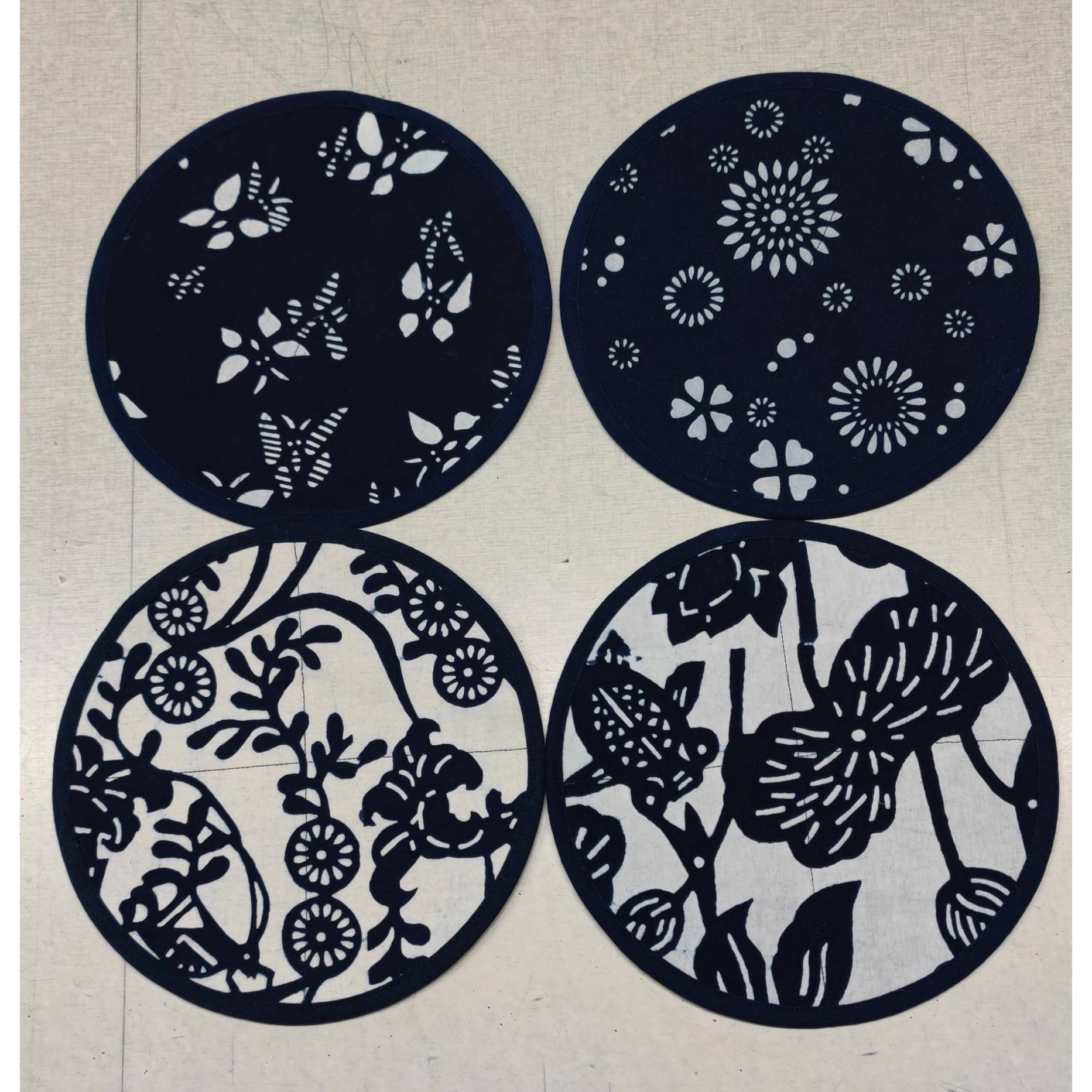 南通蓝麒麟纯手工蓝印花布明清红木仿古家具圆垫茶垫杯垫摆件垫