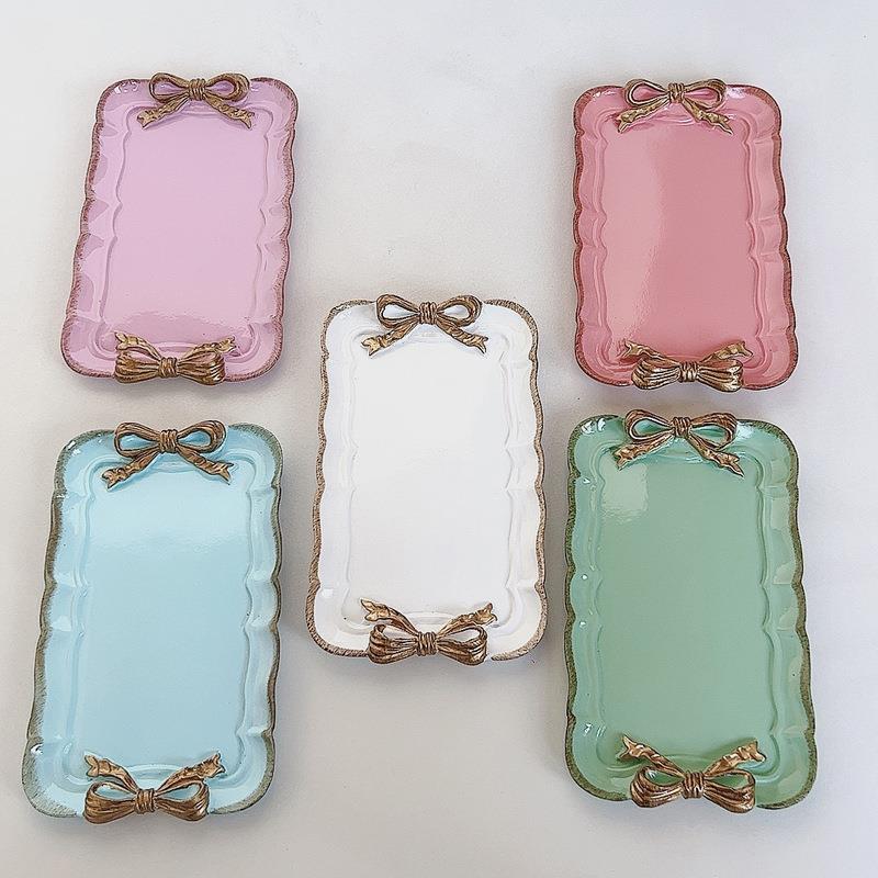 可爱蝴蝶结长方形托盘果盘美容院托盘甜品盘展示摆台玄关收纳摆件