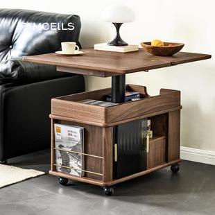 随意停升降可移动推车茶几黑胡桃木折叠功能沙发床头边柜实木边几