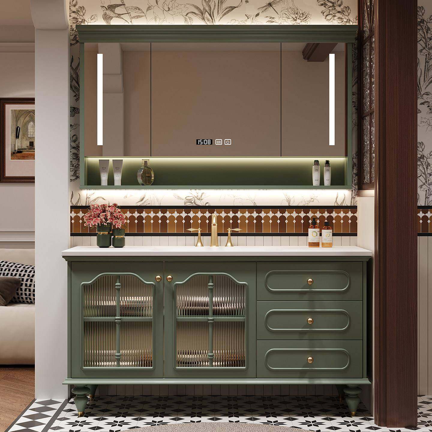 法式复古浴室柜组合橡木落地式卫生间洗漱台洗手台池洗脸盆柜定制