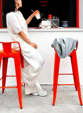 铁艺桔橙色吧台椅高靠背简约现代酒吧椅户外阳台吧椅子金属高脚凳