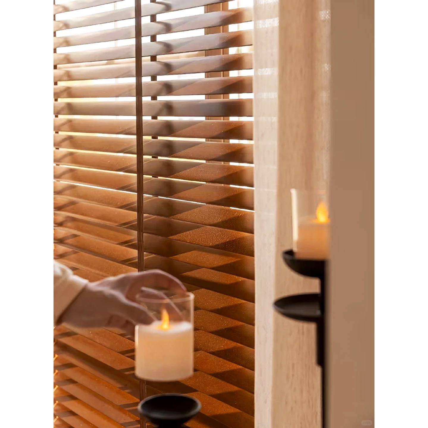 实木百叶窗帘遮光可升降卧室书房卫生间阳台餐厅中古风木质卷帘