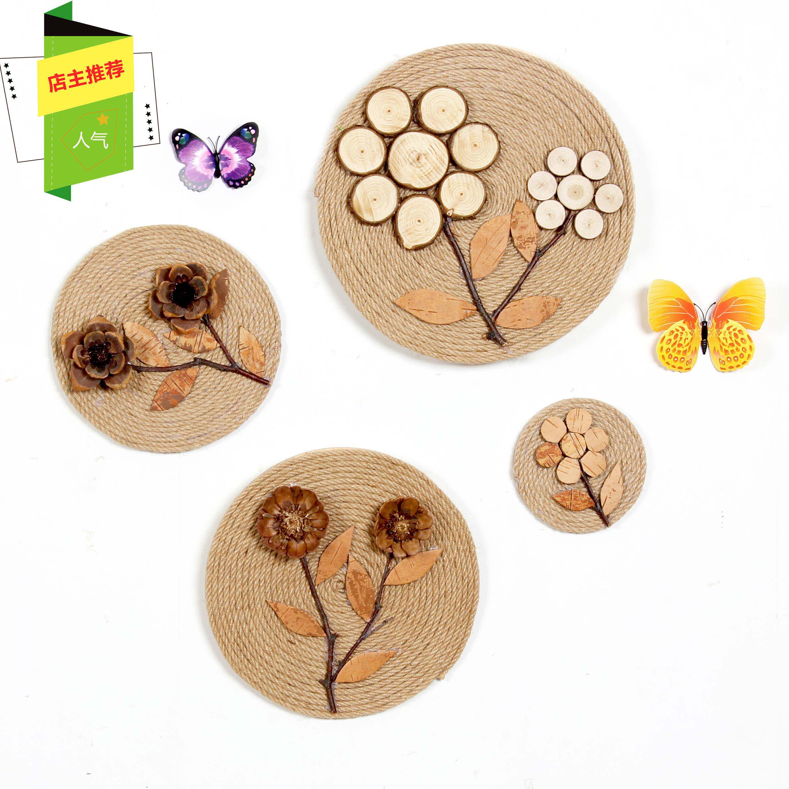 麻绳圆盘松果木片墙壁壁饰手工diyt装饰家居客厅卧室民宿店面壁挂