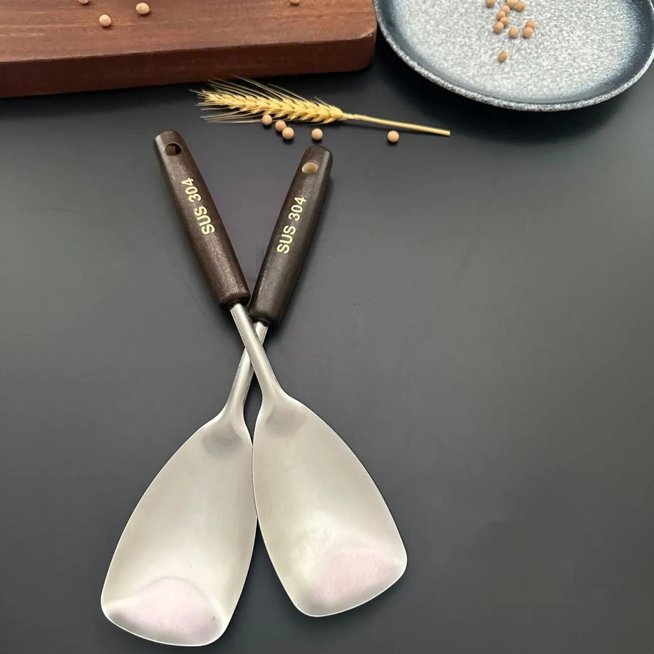 迷你核桃木小锅铲炒菜不锈钢家用食品级勺子套装厨房用木柄升级款