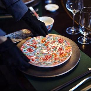 新中式酒店饭厅摆台餐具四件套创意覆古浮雕彩绘碗碟勺花茶杯套装