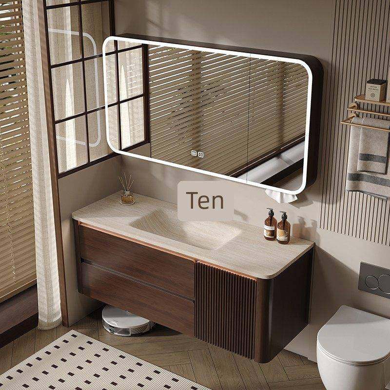 中古风胡桃木浴室柜组合陶瓷岩板热弯一体盆洗手洗脸盆智能洗漱台