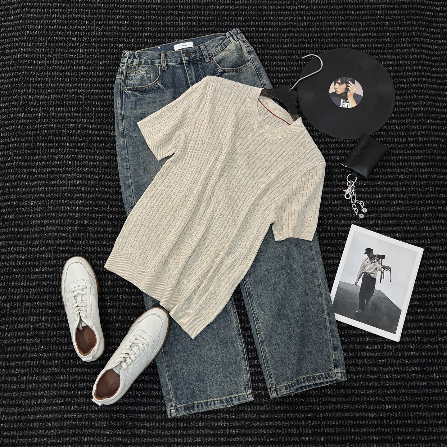 【莱赛尔亚麻】老钱风麻花圆领针织短袖T恤夏季男士打底衫