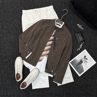 男士 秋季 美拉德复古机车夹克外套 休闲立领皮衣男短款 美式