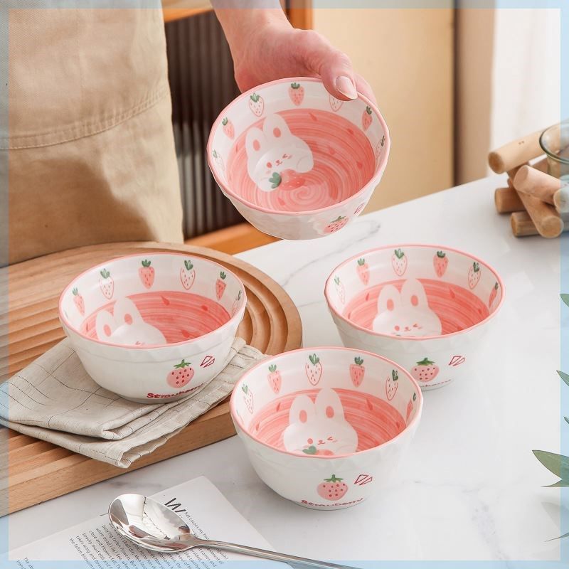 【草莓兔】可爱碗套装家用陶瓷米饭碗釉下彩餐具家用学生宿舍圆形,餐饮具,碗,淘宝优惠券,粉丝福利购,淘宝优惠卷