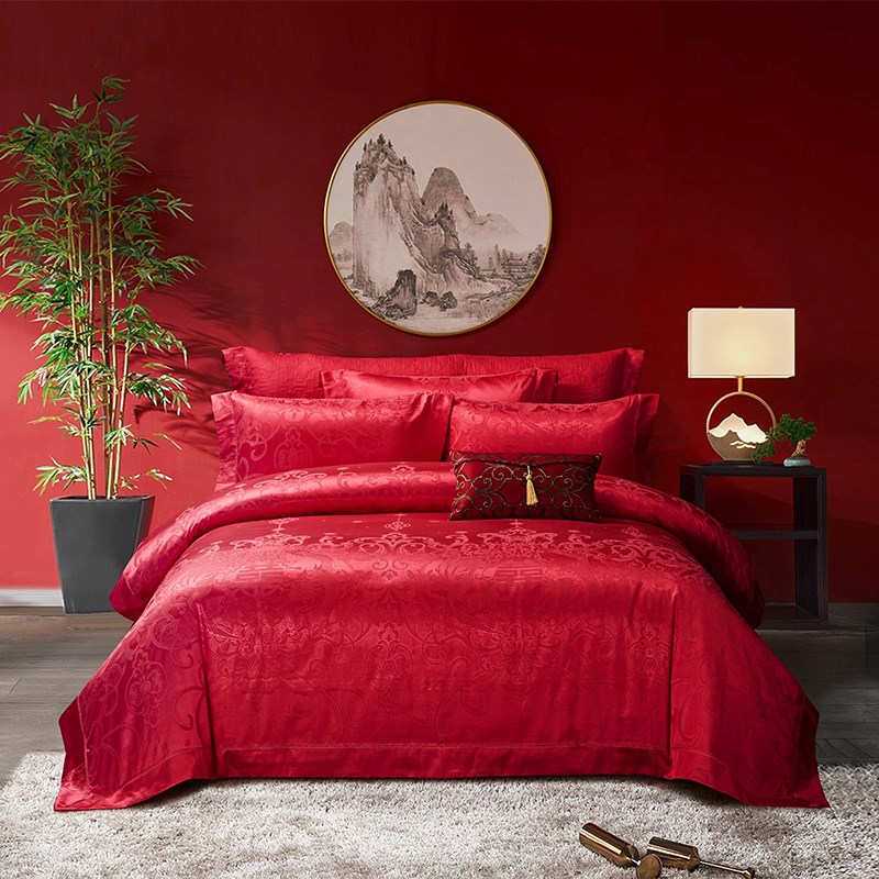 图美寝饰结婚四件床上用品大红色婚庆床单被婚嫁提花六件