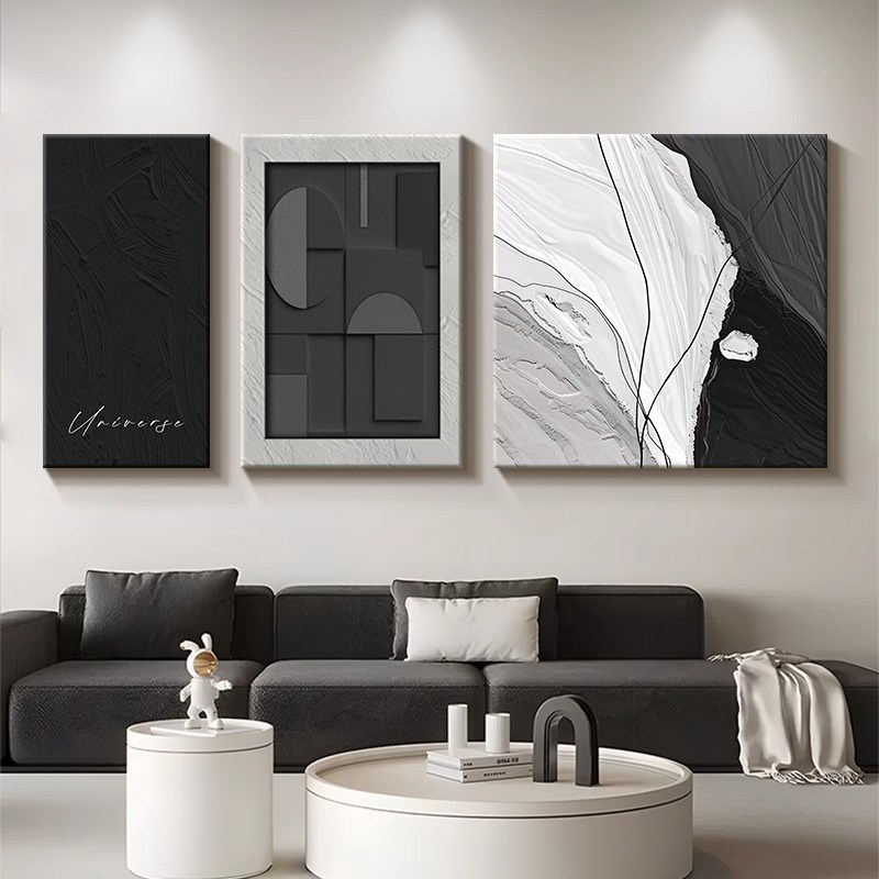 侘寂风客厅装饰画黑白灰抽象艺术三联墙壁画高级感沙发背景墙挂画
