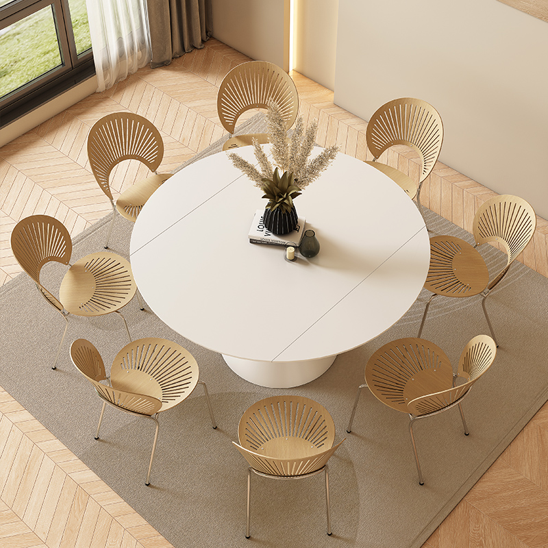 奶油风岩板餐桌可变圆桌现代家用小户型多功能旋转伸缩折叠桌