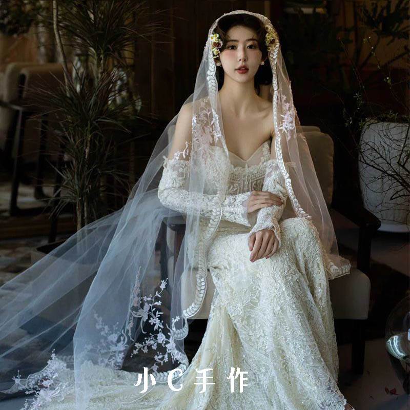 法式白色蕾丝麦穗花边头纱森系新娘高级感余爱同款婚礼服头纱头饰