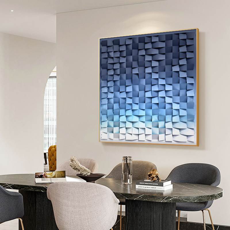 几何抽象餐厅装饰画创意方形挂画蓝色方块背景墙壁画高档大气墙画图片