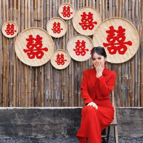 喜字竹编筐工艺礼品摆饰订婚布置摆件婚房结婚宴装饰背景墙婚礼拍